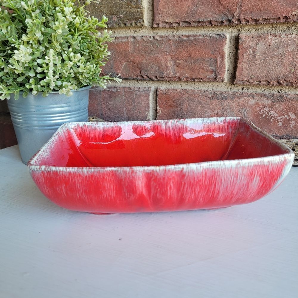 Vintage MCM Red Drip Glaze Pottery Planter